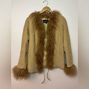 Express 100% Leather Jacket w/ Real Mongolian Fur Trim Size M Boho Glam Y2K